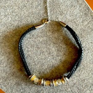 Chico’s Necklace - “Nuts & Bolts” Silver, Gold, & Rhinestones; faux bla leather